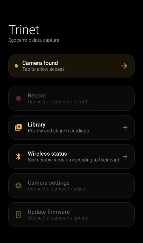 Trinet app home screen: Camera found, tap to allow access