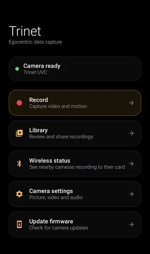 Trinet app home screen with a camera connected