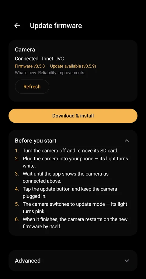 Before you start checklist in the Update firmware screen