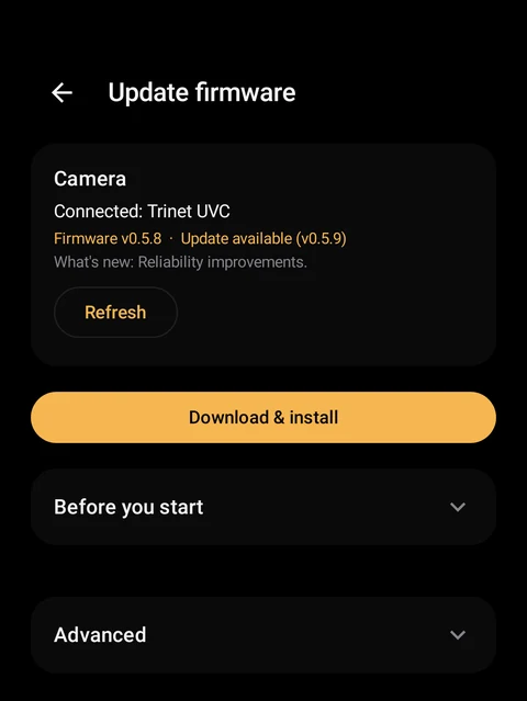 Update firmware screen showing the installed version, the available update and a Download and install button