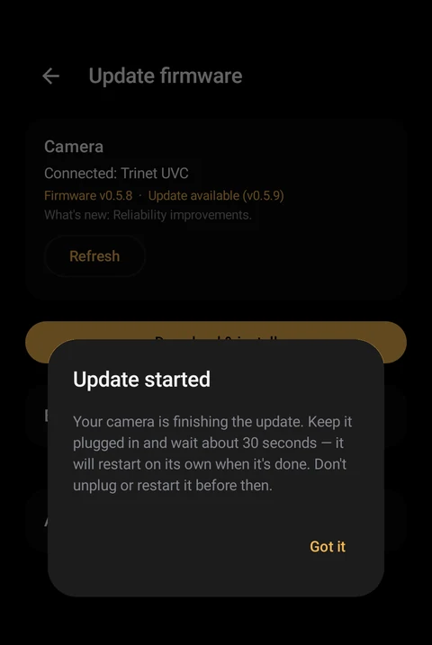 Update started dialog: wait about 30 seconds, the camera restarts on its own