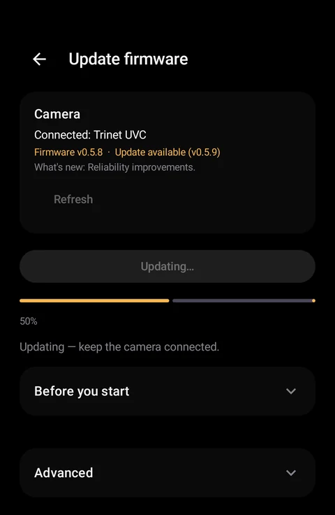Update in progress, keep the camera connected